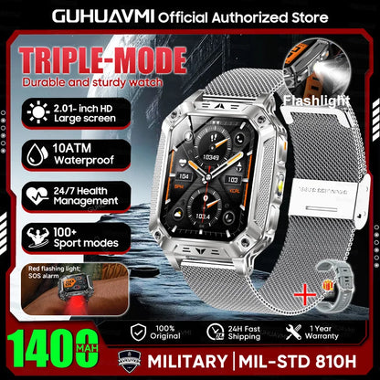 New Rugged Military Smart Watch Men 1400 mAh battery 2.01inch AMOLED Bluetooth Call 10ATM Waterproof LED flashlight Smart watch