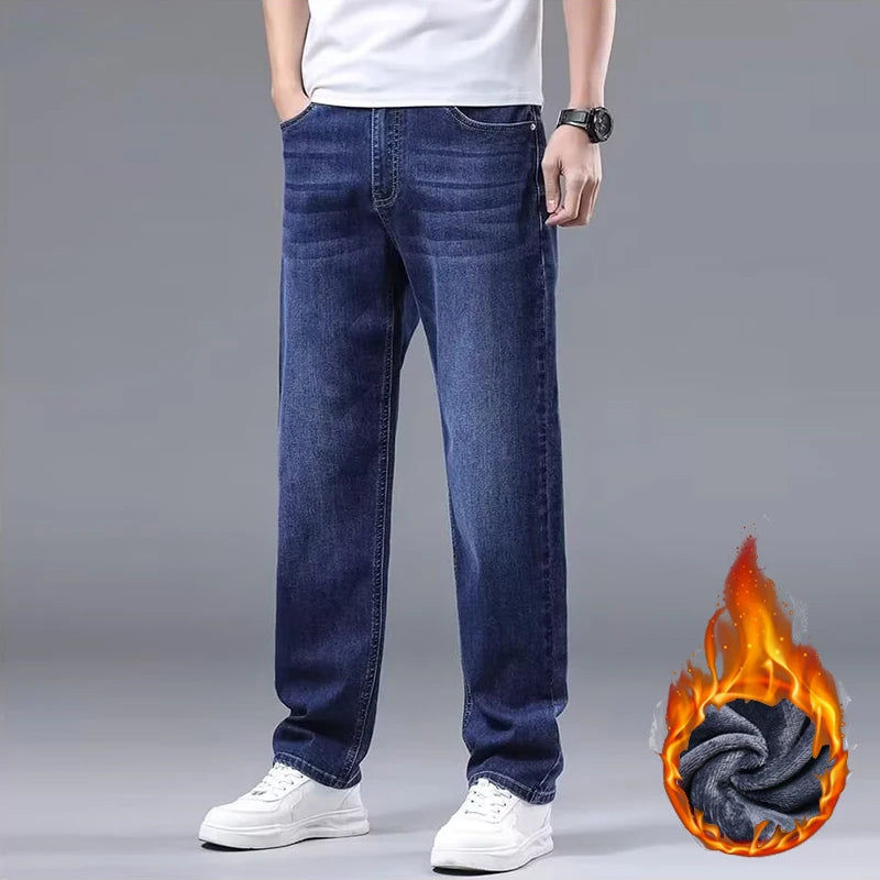 Men New Fleece Lined Thickened Jeans Male Winter Loose Straight Slim Fit Denim Pants High End Casual Elasticity Trousers