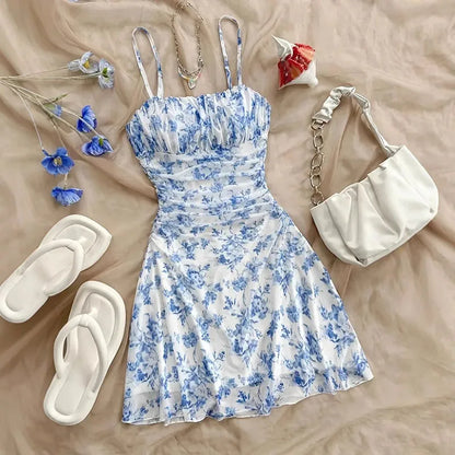 Summer Women Elegant Floral Mini Dress Fashion Fold High Waisted Slim A-Line Dresses Lady Sexy Backless Spaghetti Strap Sundress