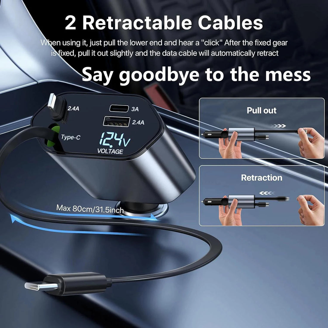 W&amp;O 4-in-1 Vehicle Charger, 120 Watt Fast Charging, Retractable Cable, 2 USB Ports, Compatible with All Vehicles iOS &amp; TYPE-C