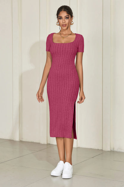 Summer square neck, hip-hugging mid-length skirt, short-sleeved, versatile knitted slit dress