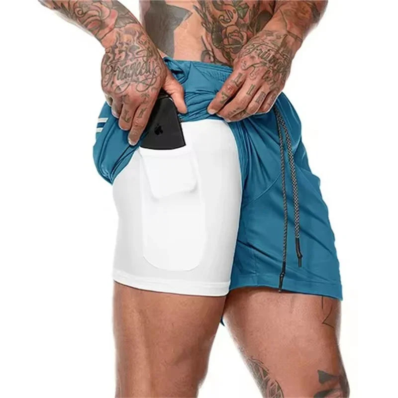 Men Fitness Built-in pocket sports Shorts Summer 2 In 1 Quick Dry Gym Beach shorts Running Double-deck Shorts mesh sweatpants