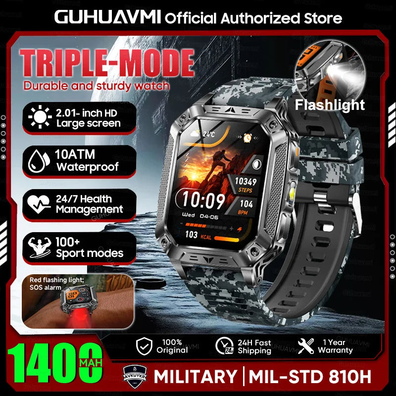 New Rugged Military Smart Watch Men 1400 mAh battery 2.01inch AMOLED Bluetooth Call 10ATM Waterproof LED flashlight Smart watch