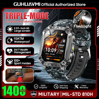 New Rugged Military Smart Watch Men 1400 mAh battery 2.01inch AMOLED Bluetooth Call 10ATM Waterproof LED flashlight Smart watch