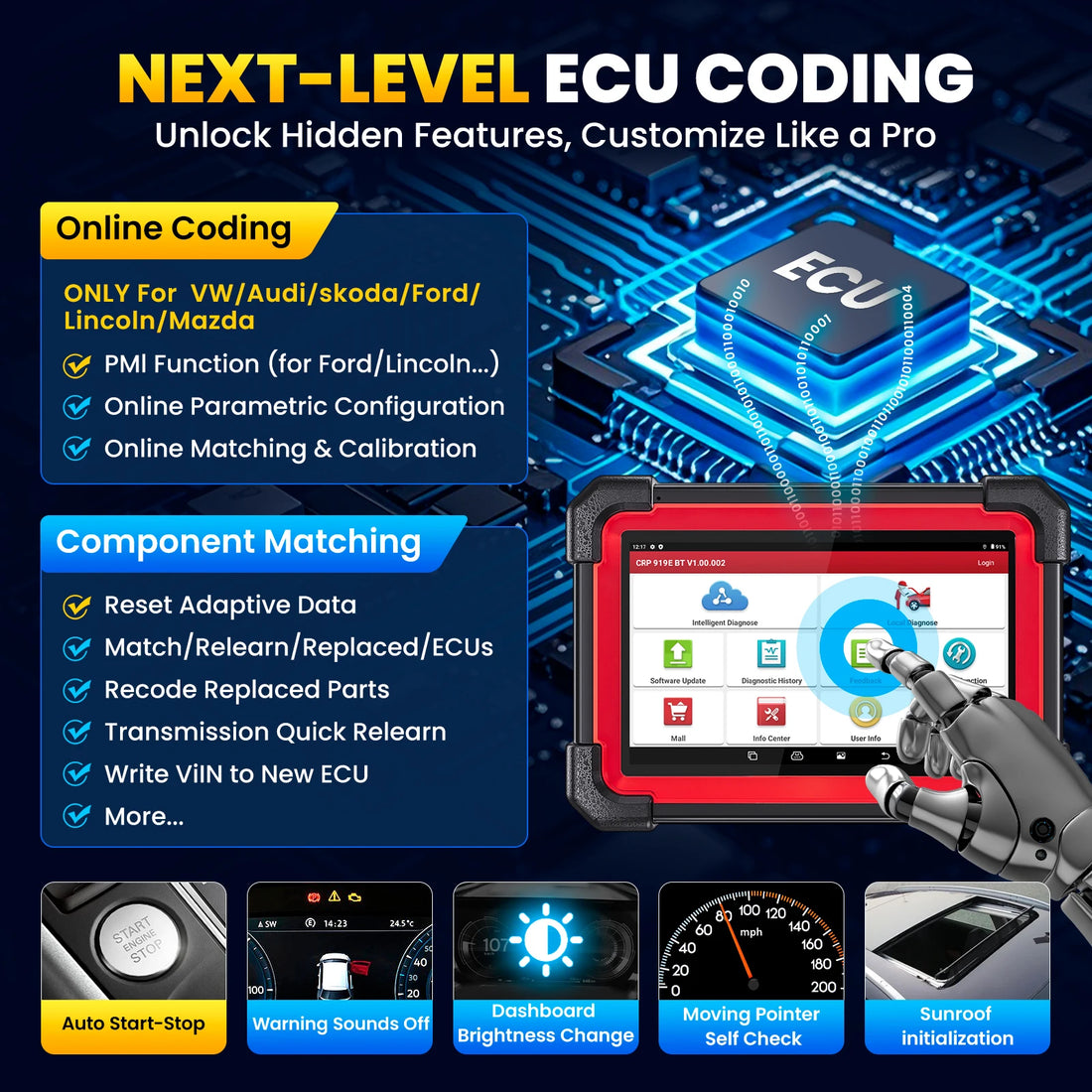 LAUNCH X431 CRP919E BT Car Diagnostic Tools CAN FD DOIP ALL Systems ECU Coding Bi-directional 31 Resets DBScar VII Auto Scanner