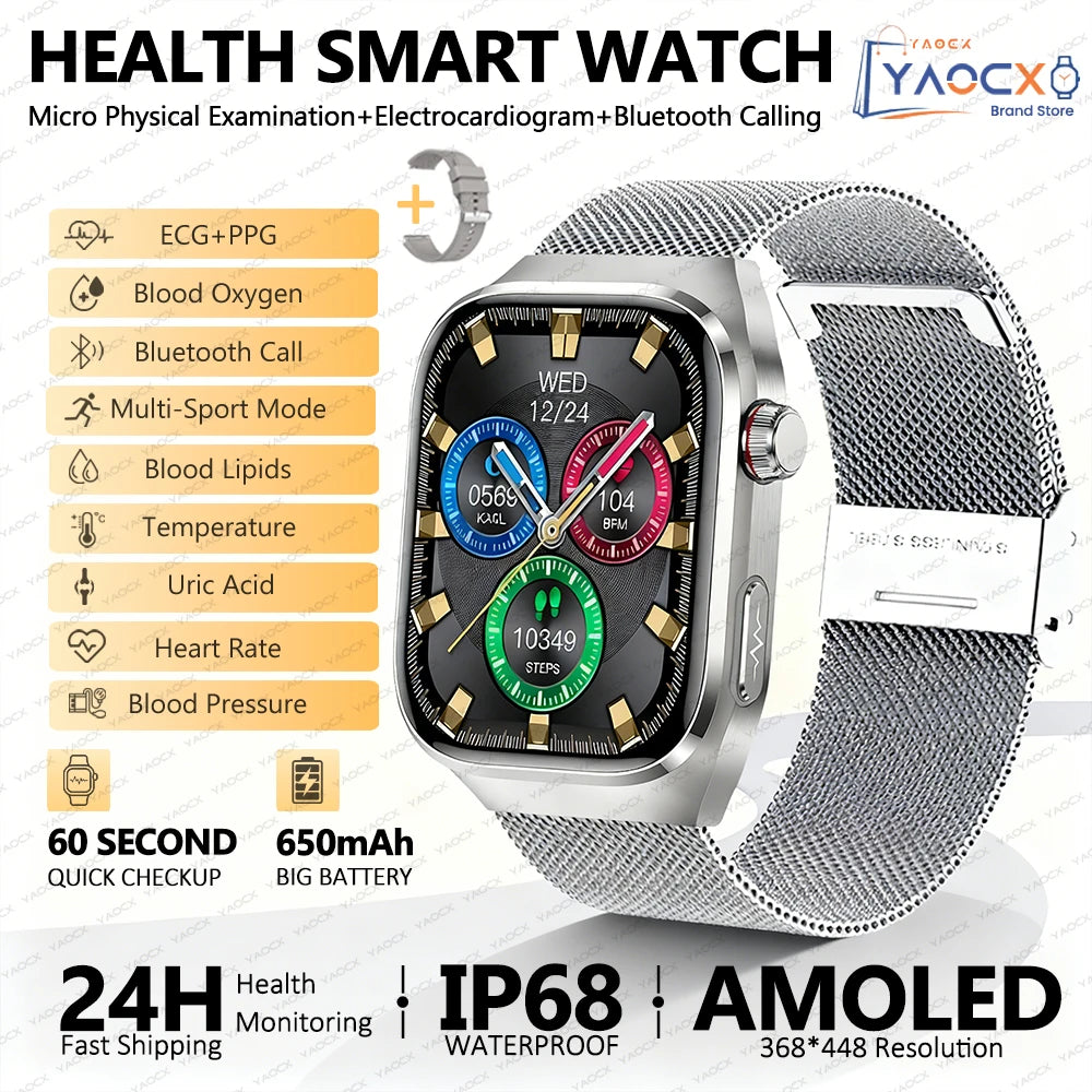 2026 New Smart Watch 2.04-inch AMOLED Screen Bluetooth Call IP68 Waterproof 650mA Sports Smartwatches Men Android Military-Grade