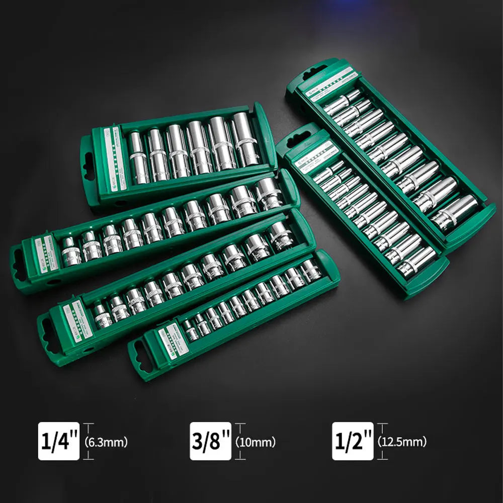 Hex Socket Wrench Head Set 1/4 3/8 1/2 Short Long Socket Deep Nut Driver Sleeve Spanner End Ratchet Tool With Holder