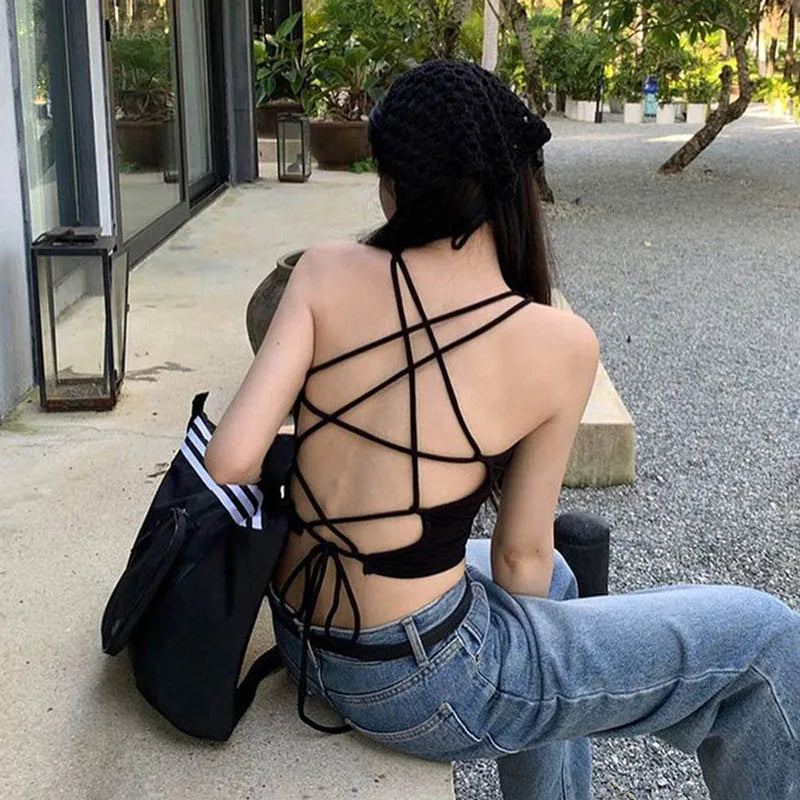 Y2K Backless Crop Top for Women Sleeveless Sexy Cute Black Vest Tank Top Summer Fashion Cropped Vest 2000s Style Female Clothing