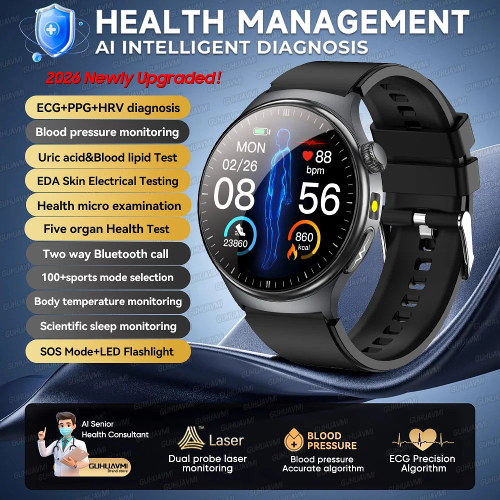 2026 New Micro Physical Examination Health SmartWatch Men ECG Uric Acid Lipids Blood Pressure BT Call Smartwatch For Android IOS
