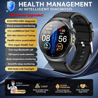 2026 New Micro Physical Examination Health SmartWatch Men ECG Uric Acid Lipids Blood Pressure BT Call Smartwatch For Android IOS