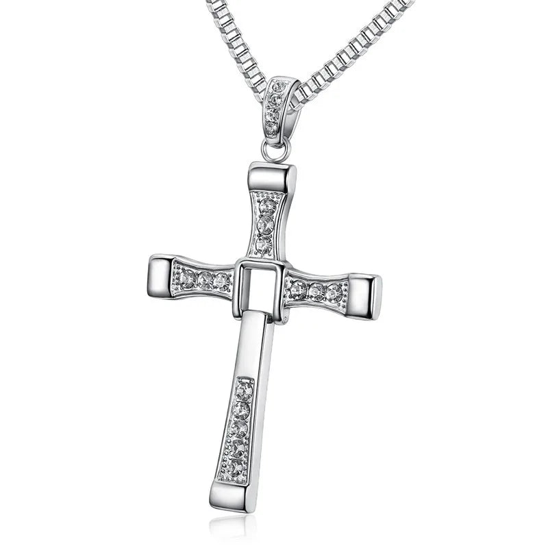 316L stainless steel Fast Furious Movies Actor Dominic Toretto Rhinestone Cross gold color Pendant Chain Necklace Men Jewelry