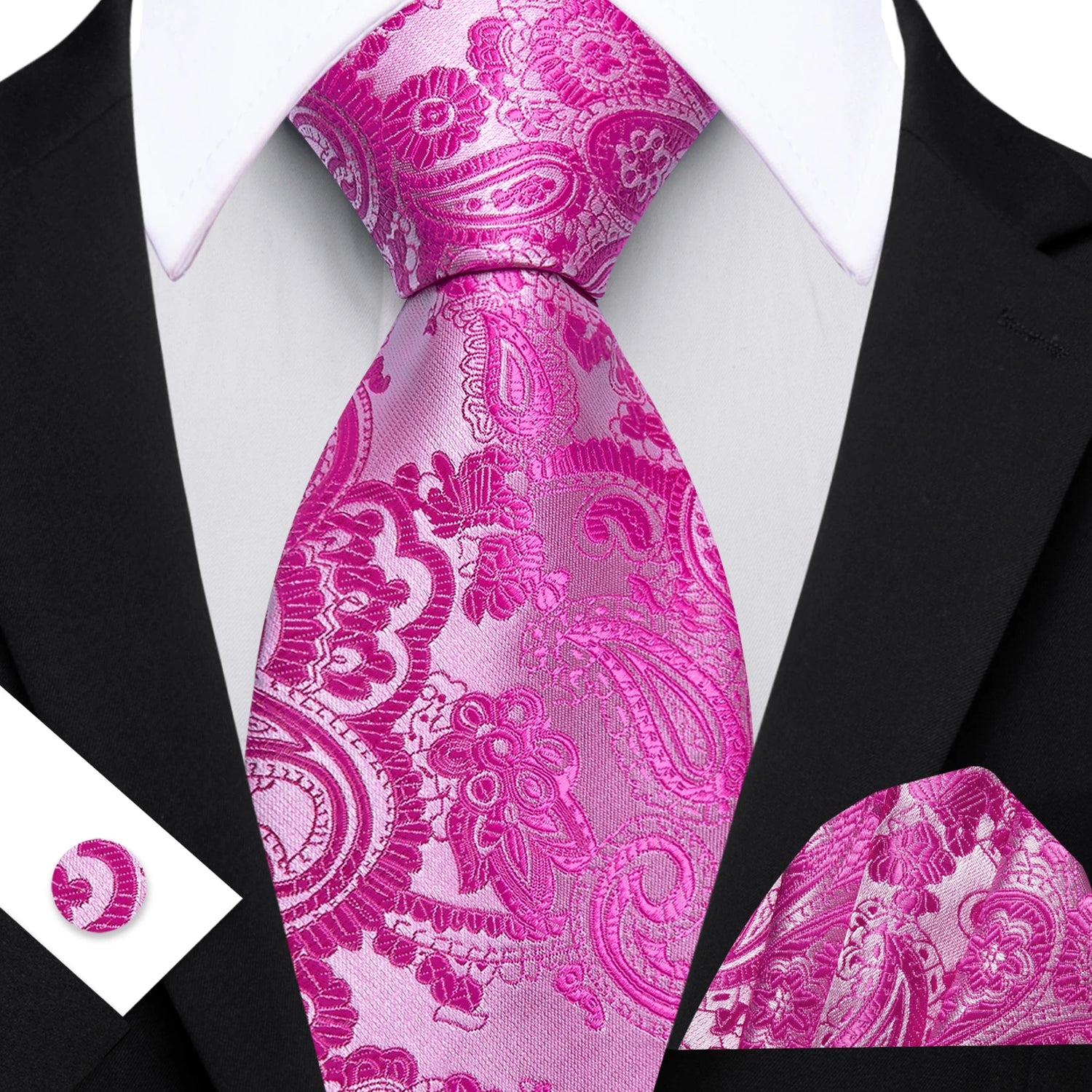 Barry.Wang Jacquard Watermelon &amp; Peach Pink Men Tie With Pocket Square Cufflinks Set Exquisiet Necktie For Male Wedding Business