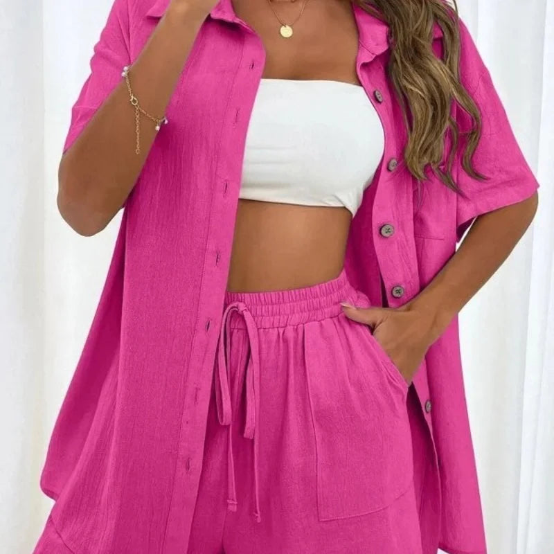 2025 summer new comfortable short-sleeved thin satin shirt shorts suit