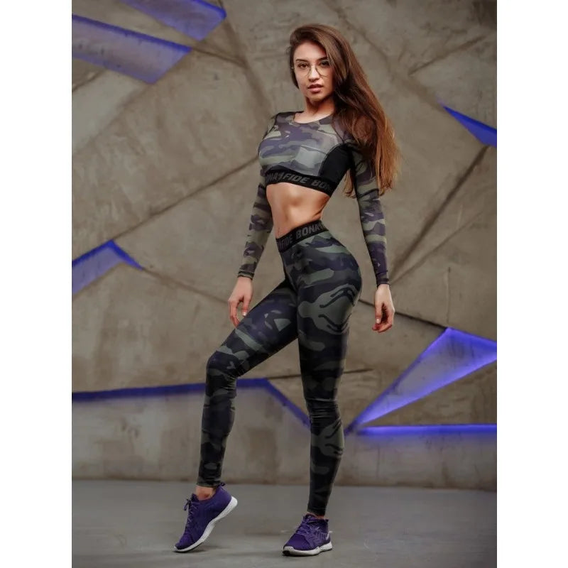 Krisnanas Camouflage 2 Piece Sets Women 2026 Sporty O Neck Short Tops Letter Printed Butt Lifting Leggings New Yoga Suits 6232