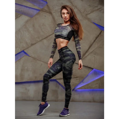 Krisnanas Camouflage 2 Piece Sets Women 2026 Sporty O Neck Short Tops Letter Printed Butt Lifting Leggings New Yoga Suits 6232