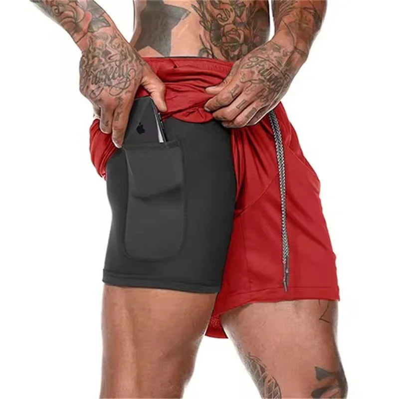 Men Fitness Built-in pocket sports Shorts Summer 2 In 1 Quick Dry Gym Beach shorts Running Double-deck Shorts mesh sweatpants