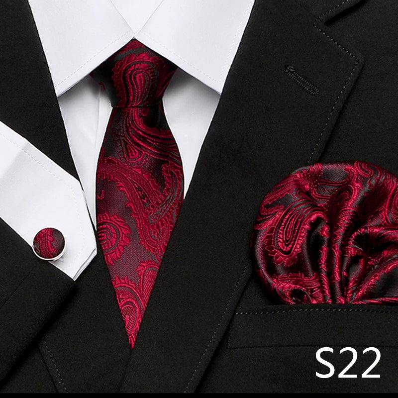 Men`s Tie Red Plaid print Jacquard Woven Tie Hanky Cufflinks Sets For Formal Wedding Business Party Free Postage