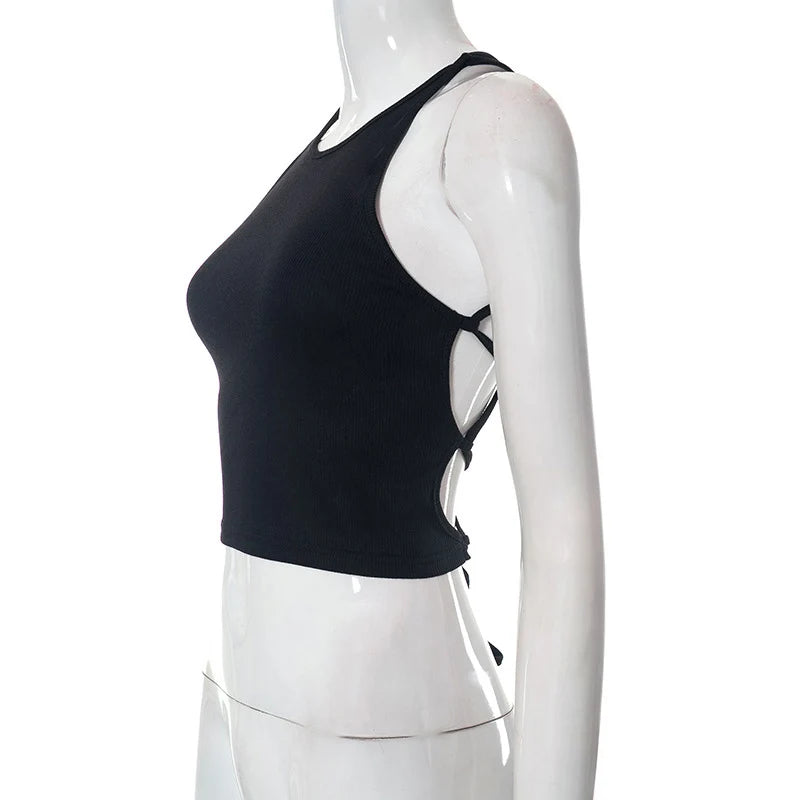 Y2K Backless Crop Top for Women Sleeveless Sexy Cute Black Vest Tank Top Summer Fashion Cropped Vest 2000s Style Female Clothing