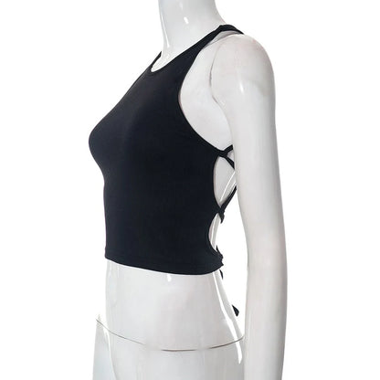Y2K Backless Crop Top for Women Sleeveless Sexy Cute Black Vest Tank Top Summer Fashion Cropped Vest 2000s Style Female Clothing