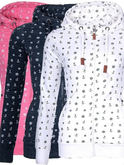 Floral Print Loose Long Sve Zipper Jaet Women&