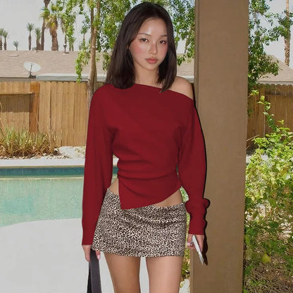 Talenza Women Casual Top Fashion Slim Slit Long Sleeve Pullover Top Sexy Strapless Pleated New Party Looks Top Female Streetwear