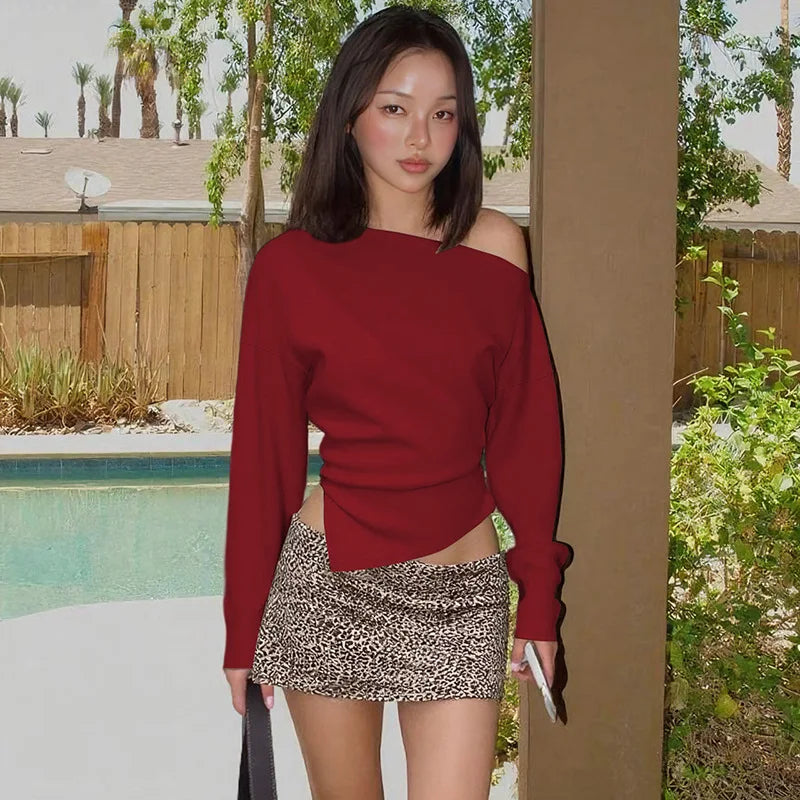 Talenza Women Casual Top Fashion Slim Slit Long Sleeve Pullover Top Sexy Strapless Pleated New Party Looks Top Female Streetwear