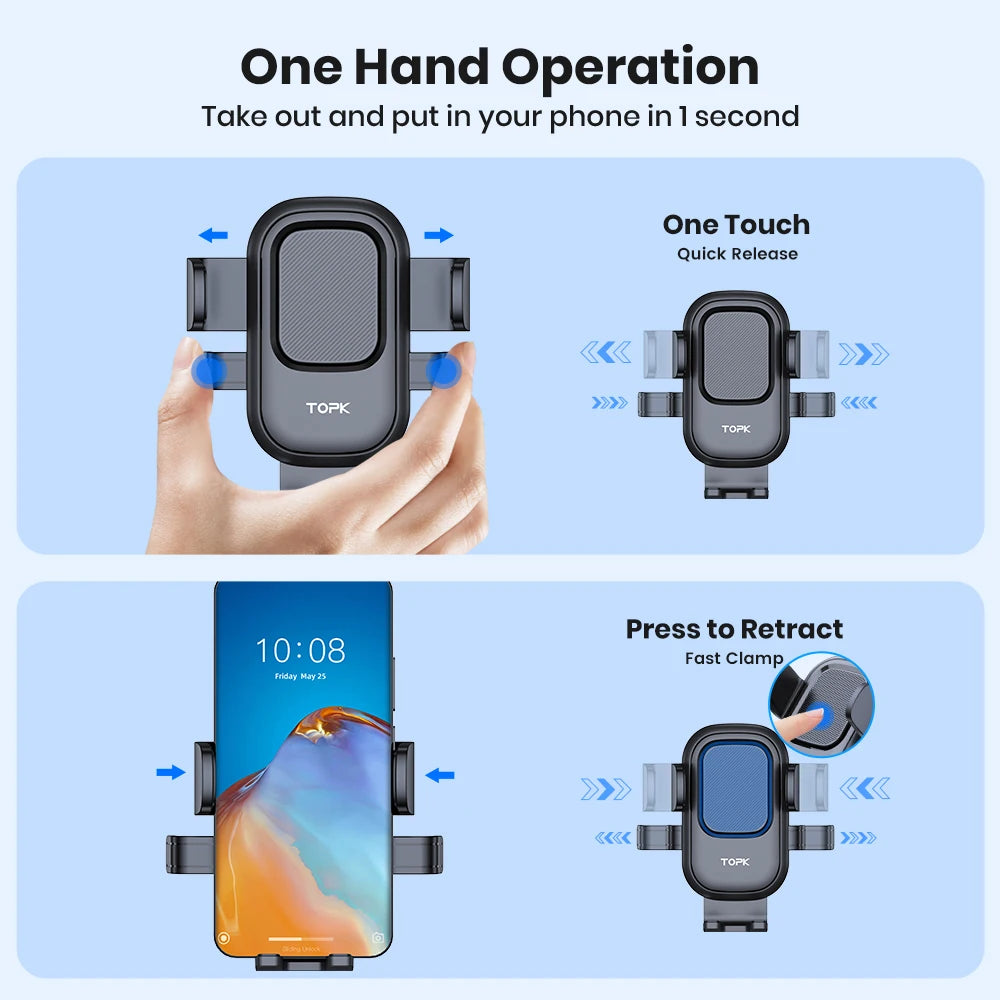 TOPK Car Phone Holder Mount Suction Cup Strong Grip Adjustable Dashboard/Windshield Stand Fit for All Smartphones iOS/Android