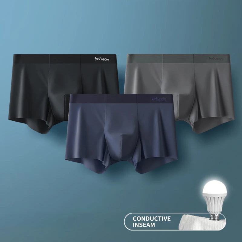 MIIOW 3Pcs Ice Silk Man Underwear Boxer Metal Fiber Antistatic Men Underpants Seamless Cut Hem Men&