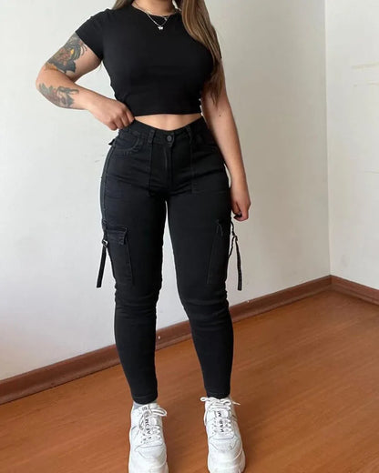 Vintage Streetwear Skinny Jeans Women Retro Y2K High Waist Jeans Casual Wash Cargo Pants Women Autumn Winter Legging Denim Pants