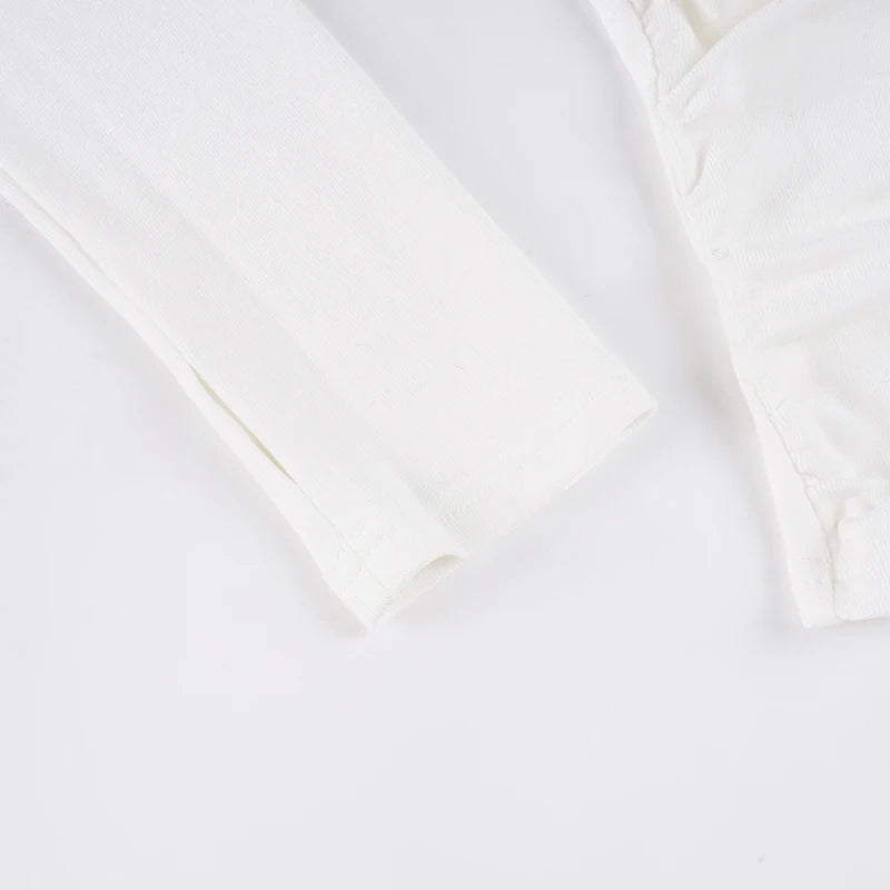SUCHCUTE White Casual V Neck Pleated T Shirts For Women Long Sleeve Tees Y2k Streetwear Crop Tops Elegant Basic Clothing Autumn