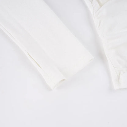 SUCHCUTE White Casual V Neck Pleated T Shirts For Women Long Sleeve Tees Y2k Streetwear Crop Tops Elegant Basic Clothing Autumn