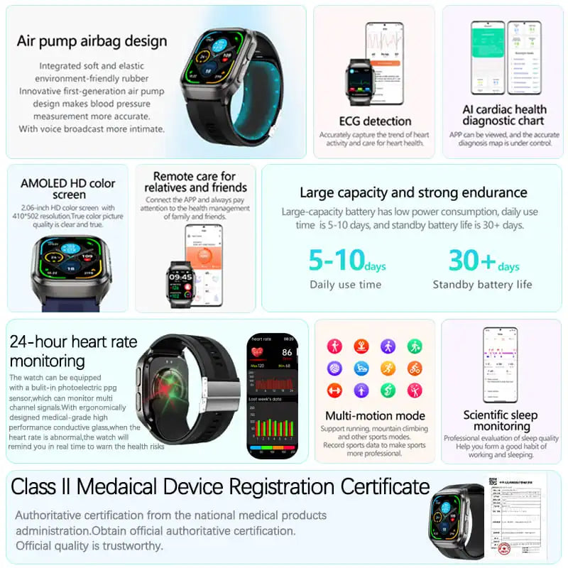 2026 New Blood Pressure Air Pump Airbag Accurate Measure Smart Watch Men Non invasive Blood Lipids Health ECG Smart Watches NFC