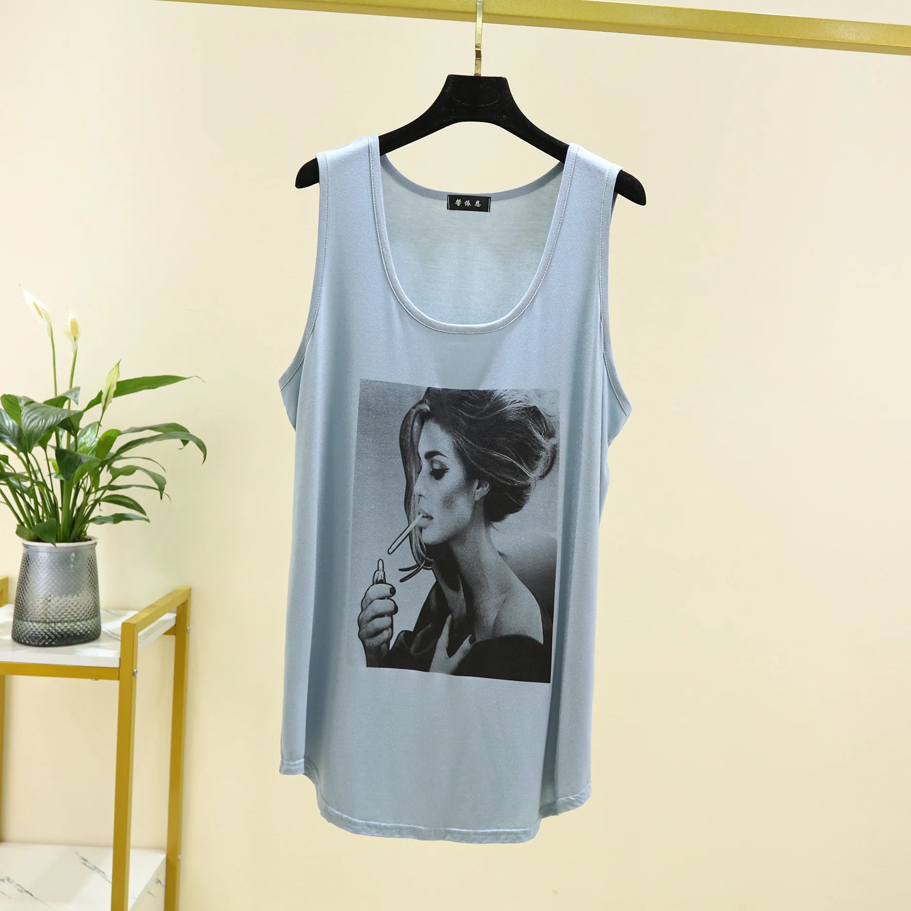 Women Long Tank Tops O-Neck Fashion Print Beauty&