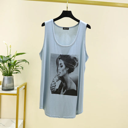 Women Long Tank Tops O-Neck Fashion Print Beauty&