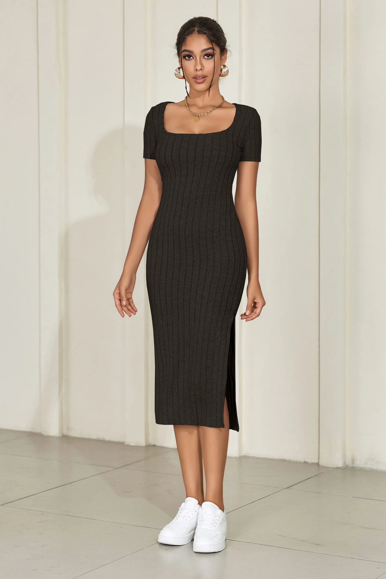 Summer square neck, hip-hugging mid-length skirt, short-sleeved, versatile knitted slit dress