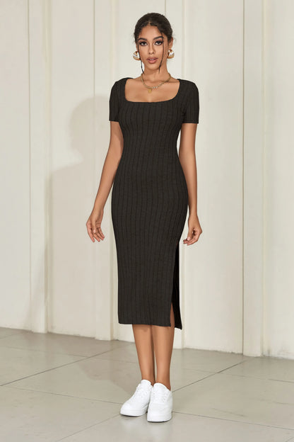 Summer square neck, hip-hugging mid-length skirt, short-sleeved, versatile knitted slit dress
