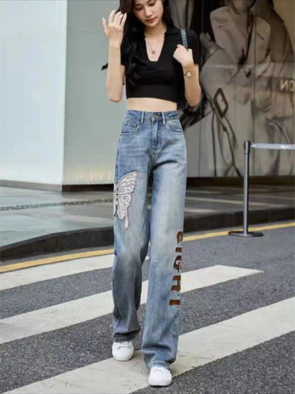 Womens Jeans High Waist Shot Denim Pants for Women Graphic Straight Leg Butterfly Trousers with Print Pattern Basics Z on Sale A