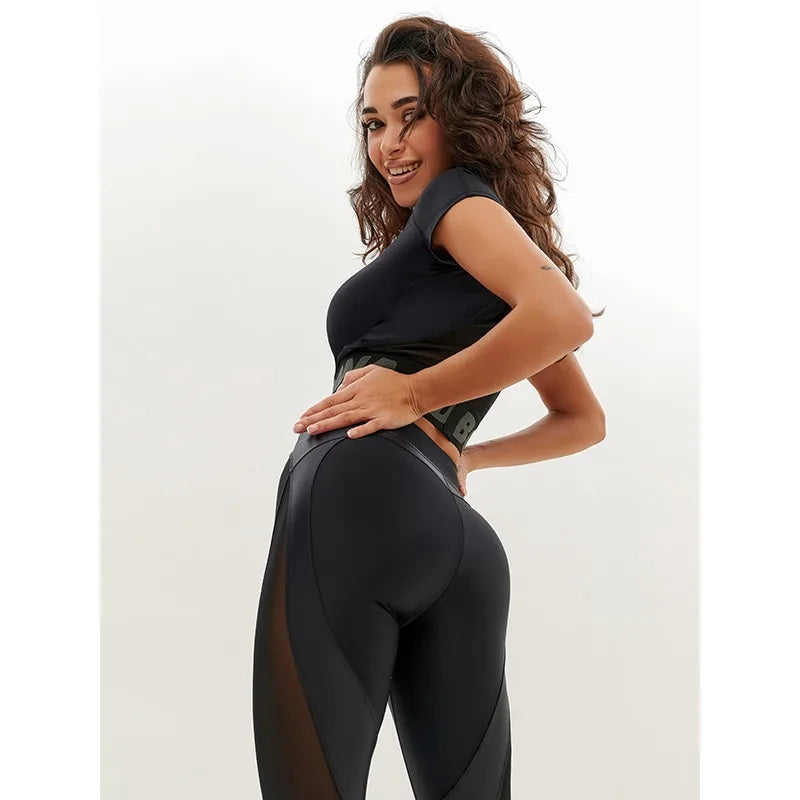 Krisnanas Women Black Tracksuit Mesh Back Short Sleeve Tops Skinny Breathable High Waist Hip Lifting Yoga Pants Sportwear 82943