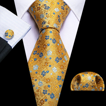Barry.Wang Colorful Men Tie Handkerchief Cufflinks Set Novelty Floral Necktie for Male Designer Wedding Business Party Gift