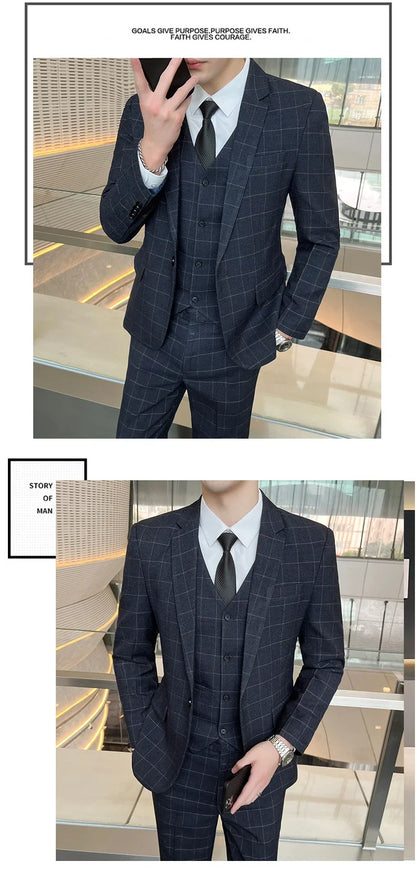 Suits  (blazer+ Vest + Pants) Men Fashion Business Casual Hosts Slim-fit Gentleman Wedding Work  Mens Suits 3 Piece M-5XL