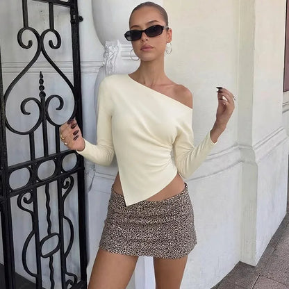 Talenza Women Casual Top Fashion Slim Slit Long Sleeve Pullover Top Sexy Strapless Pleated New Party Looks Top Female Streetwear