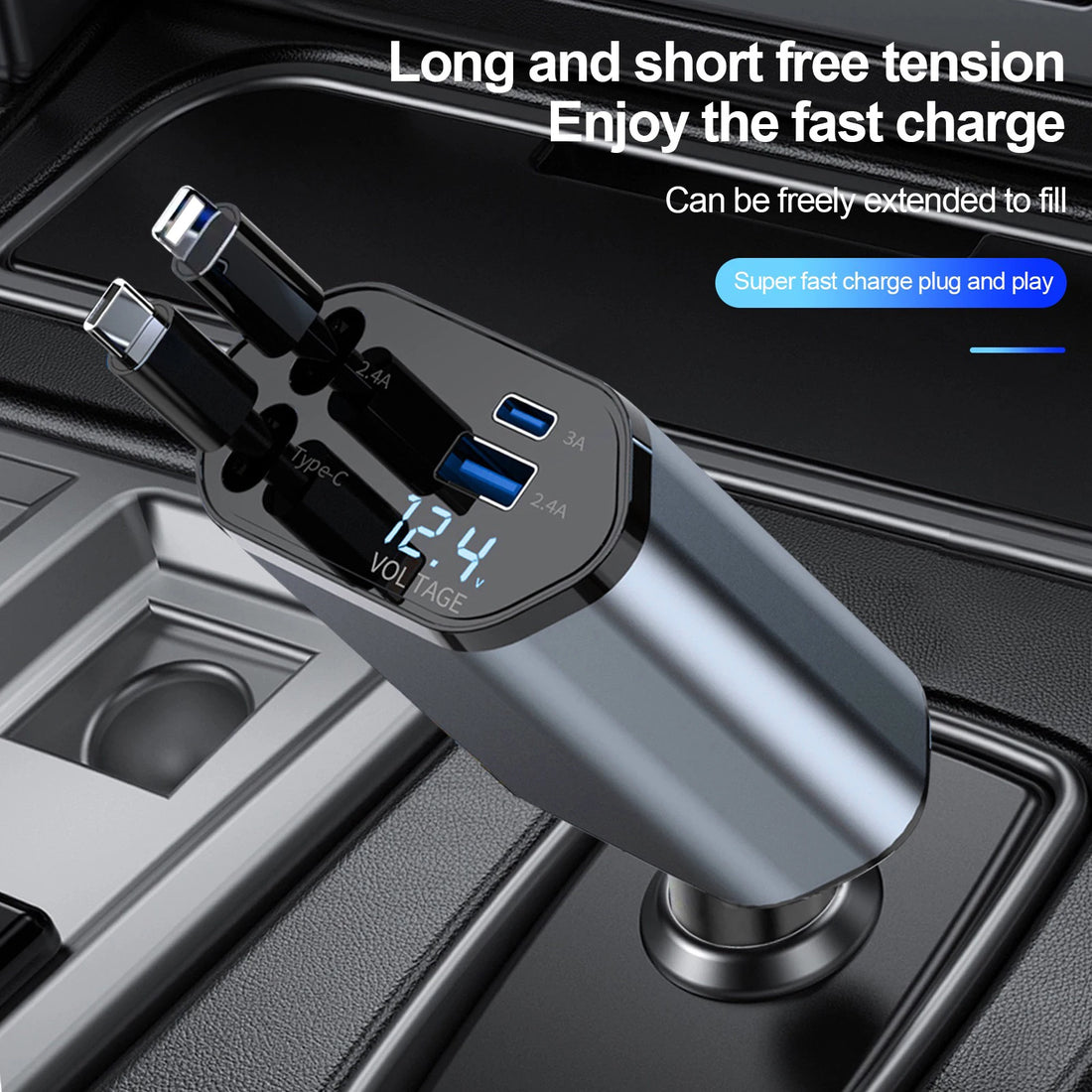 W&amp;O 4-in-1 Vehicle Charger, 120 Watt Fast Charging, Retractable Cable, 2 USB Ports, Compatible with All Vehicles iOS &amp; TYPE-C