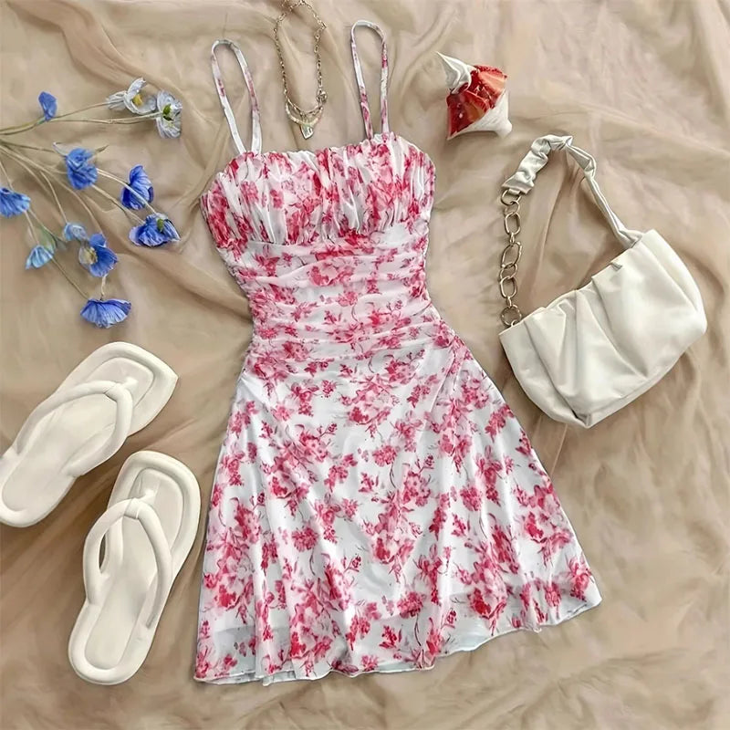 Summer Women Elegant Floral Mini Dress Fashion Fold High Waisted Slim A-Line Dresses Lady Sexy Backless Spaghetti Strap Sundress