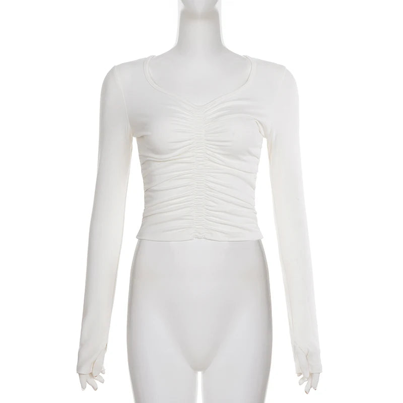 SUCHCUTE White Casual V Neck Pleated T Shirts For Women Long Sleeve Tees Y2k Streetwear Crop Tops Elegant Basic Clothing Autumn