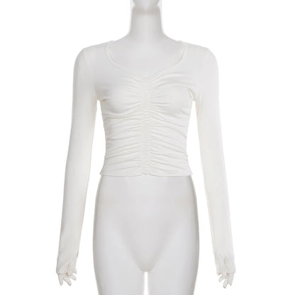 SUCHCUTE White Casual V Neck Pleated T Shirts For Women Long Sleeve Tees Y2k Streetwear Crop Tops Elegant Basic Clothing Autumn