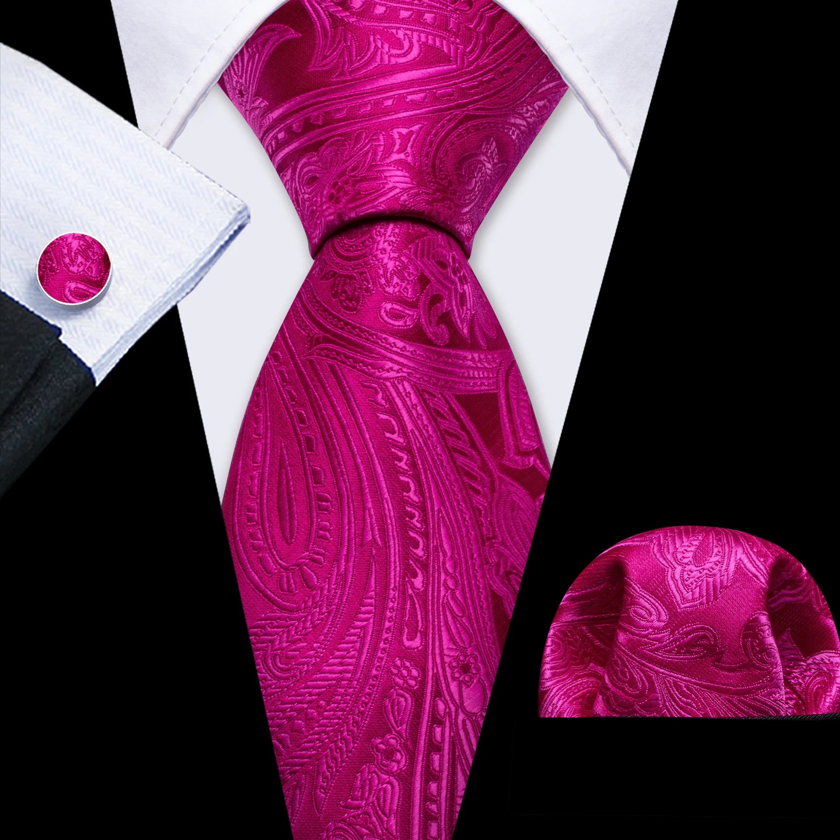 Barry.Wang Jacquard Watermelon &amp; Peach Pink Men Tie With Pocket Square Cufflinks Set Exquisiet Necktie For Male Wedding Business