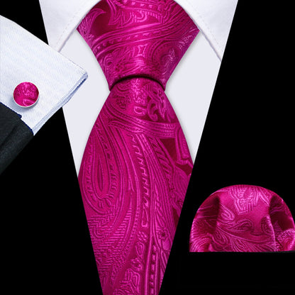 Barry.Wang Jacquard Watermelon &amp; Peach Pink Men Tie With Pocket Square Cufflinks Set Exquisiet Necktie For Male Wedding Business