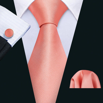 Barry.Wang Jacquard Watermelon &amp; Peach Pink Men Tie With Pocket Square Cufflinks Set Exquisiet Necktie For Male Wedding Business