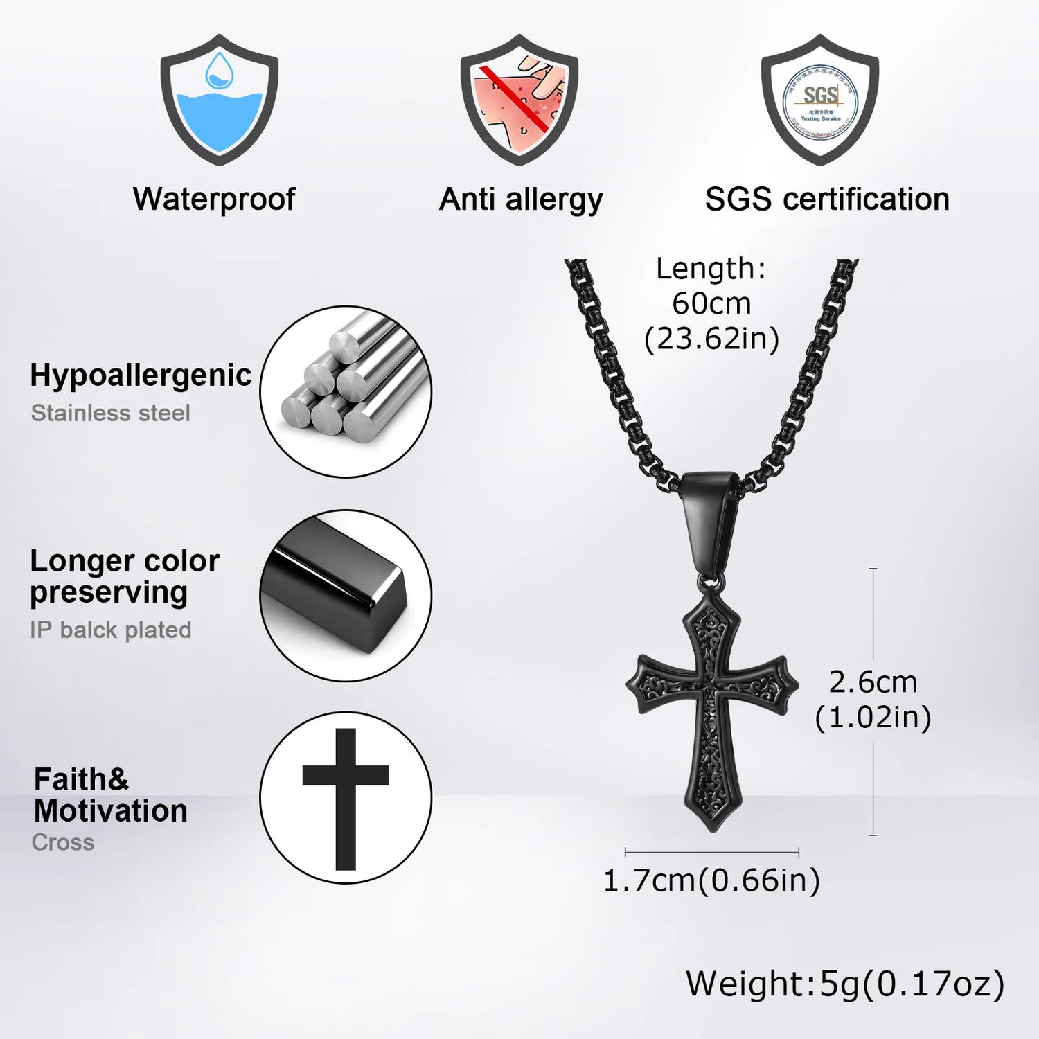 Hip Hop Cross Necklace for Men Women,50/55/60cm Stainless Steel Chic Cross Pendant,Christian Classic Jewelry Gifts