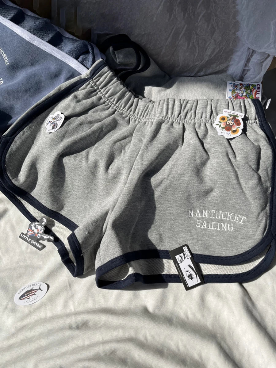 Vintage Solid Drawstring Sports Shorts Summer Cotton Elastic High Waist Casual Sweatpants Women Y2k Streetwear Split Short Pants